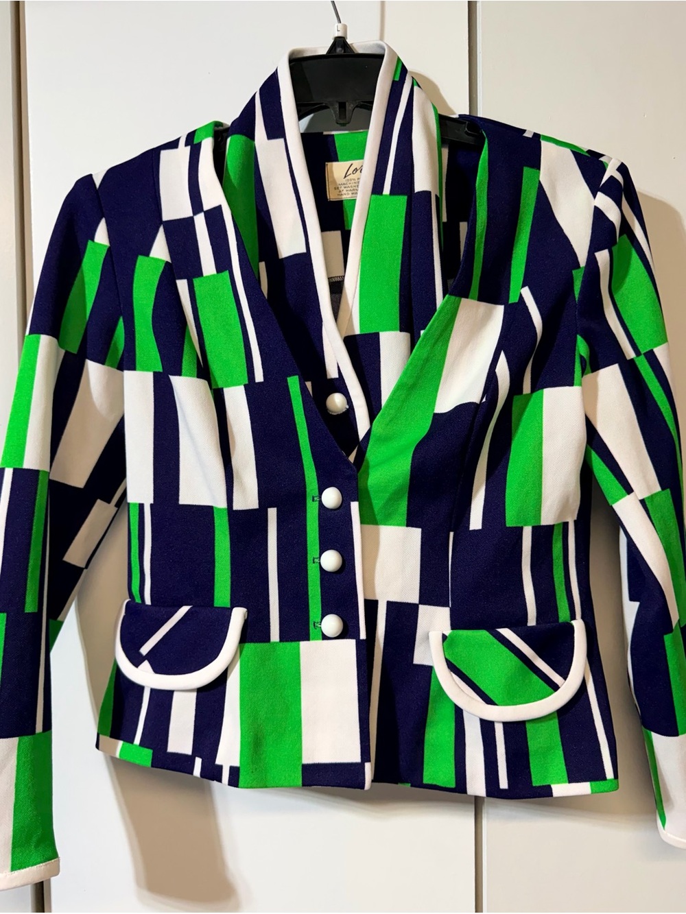 Vintage 60s/70s Women's Geometric Navy, Green & White Blazer Jacket and Vest